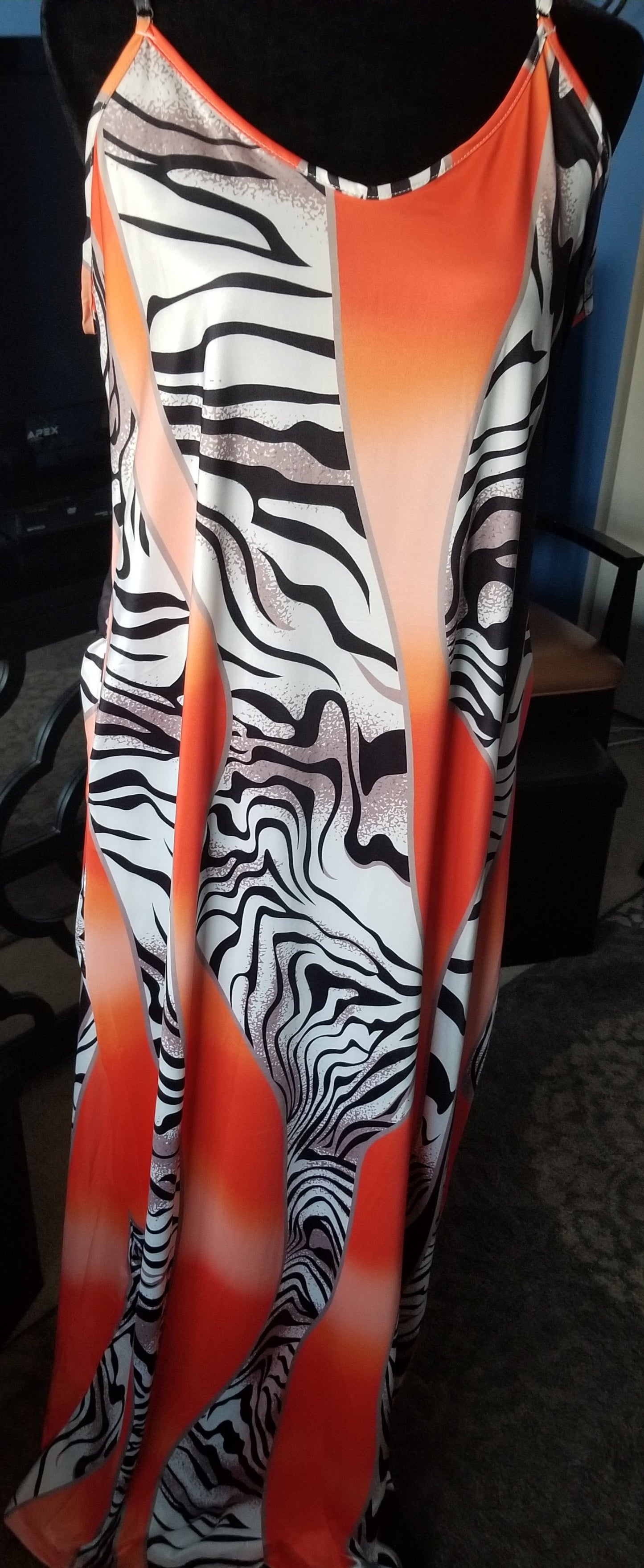 Vibrant orange & zebra print dress with spaghetti straps & pockets