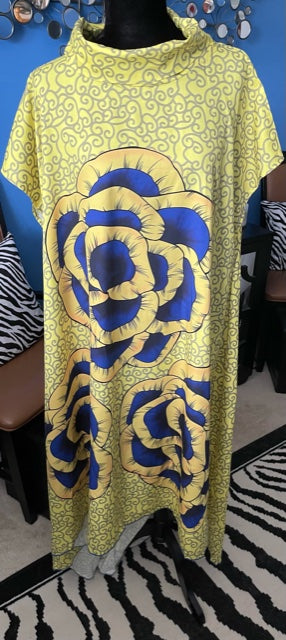 Yellow & Royal Blue Tri-Flower Dress with Long Back - 2XL (US 14-16)