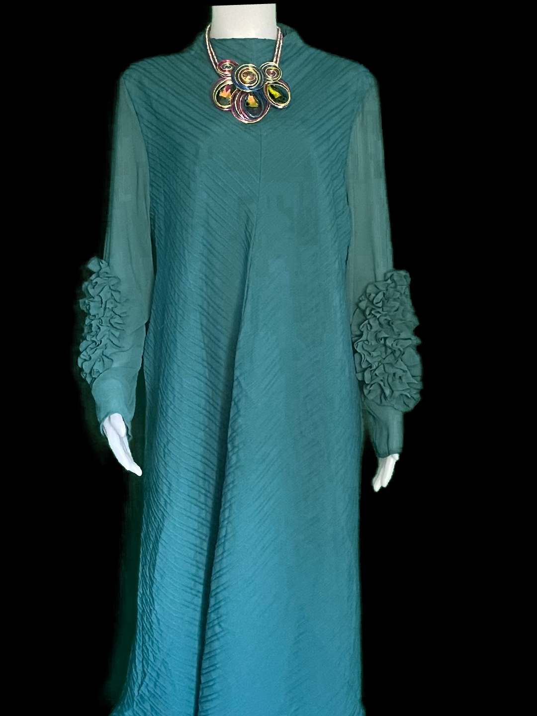 Teal Flow Dress with Sheer ruffles Sleeves & Embellishments